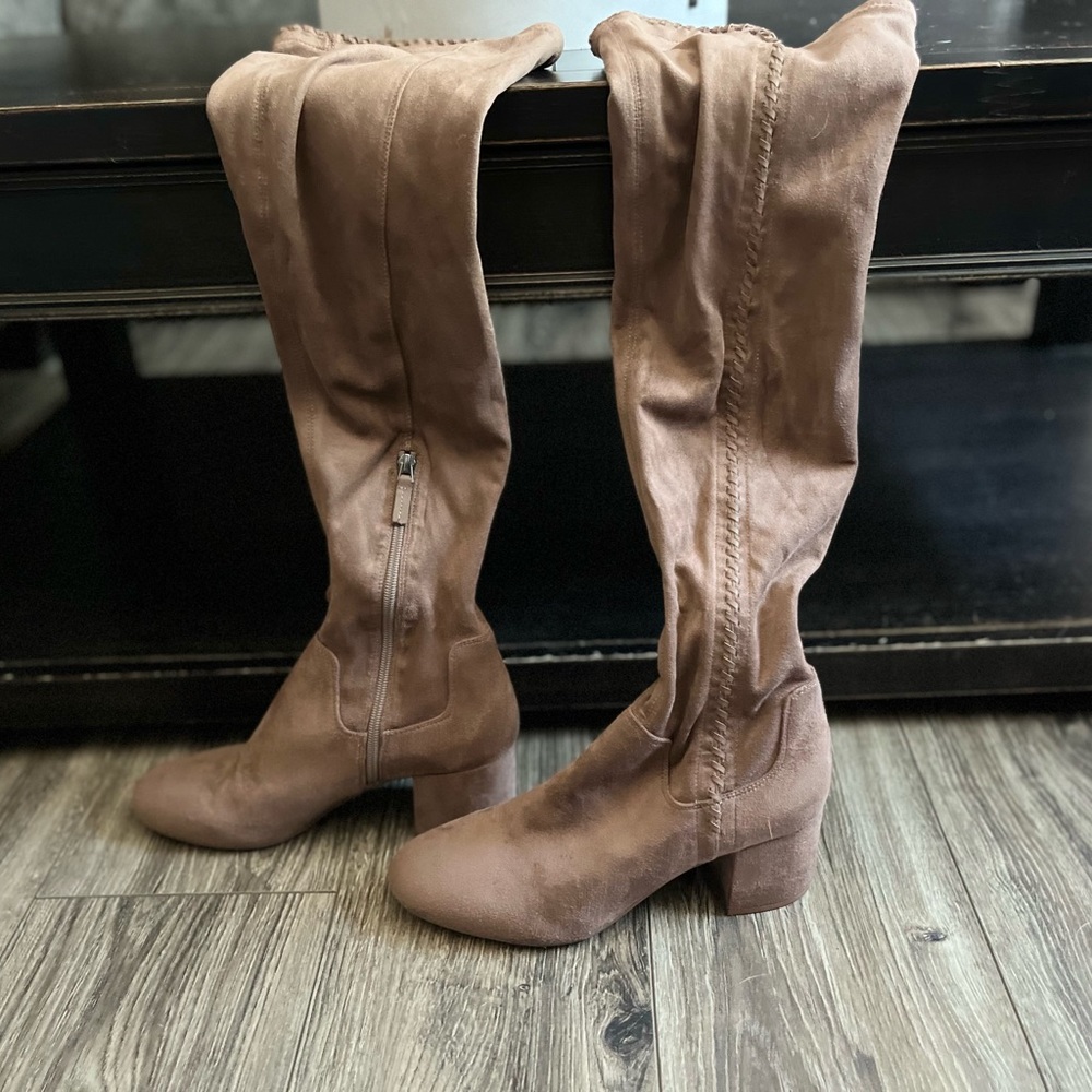 Super soft light brown over the knee chunky heel boots